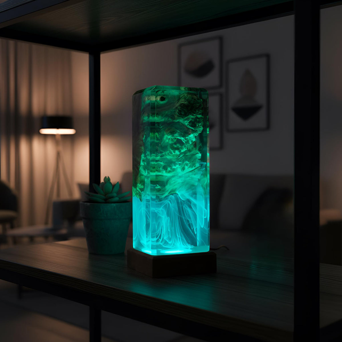 Abstract Ocean Resin Lamp: Color Changing LED Wood Night Light