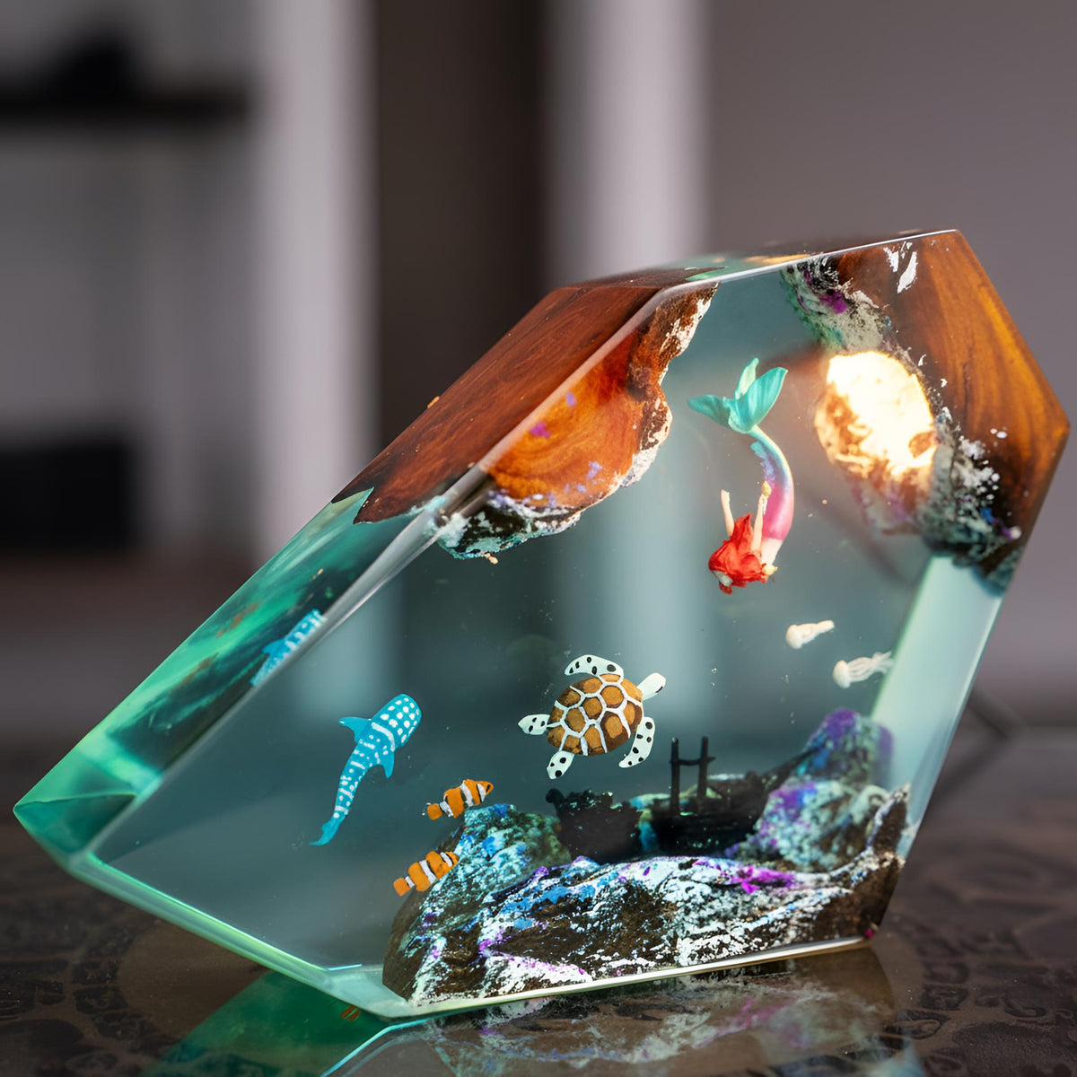 Mermaid and Sea Turtle Resin Lamp: Ocean LED Night Light