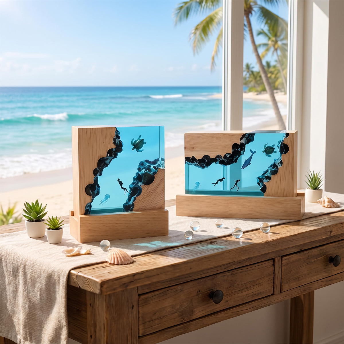 Turtle Diver Ocean Resin Lamp: Marine LED Night Light