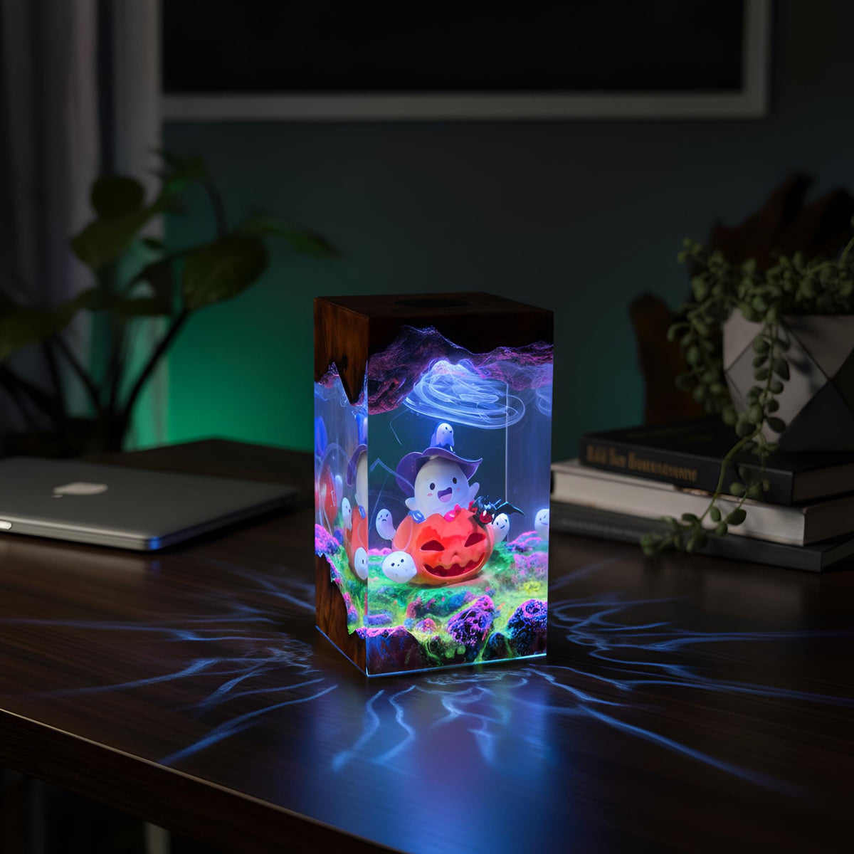 Ghost Pumpkin Resin Night Light: Whimsical Halloween Scene Lamp