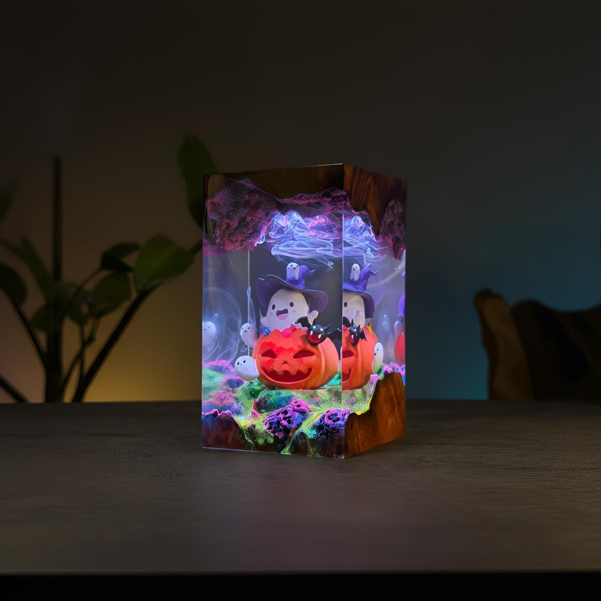 Ghost Pumpkin Resin Night Light: Whimsical Halloween Scene Lamp