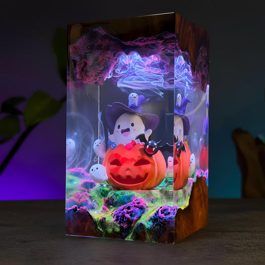Ghost Pumpkin Resin Night Light: Whimsical Halloween Scene Lamp