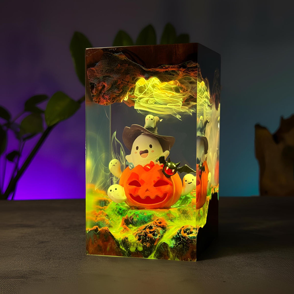 Ghost Pumpkin Resin Night Light: Whimsical Halloween Scene Lamp
