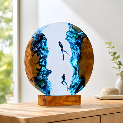 Couple Diver Resin Lamp, Ocean LED Night Light, Underwater Epoxy Lamp, Coastal Decor