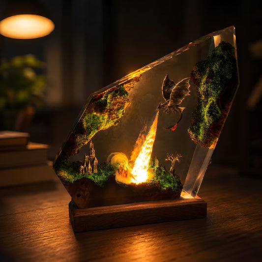 Dragon Resin Lamp, Fantasy LED Night Light, Epoxy Wood Desk Decor