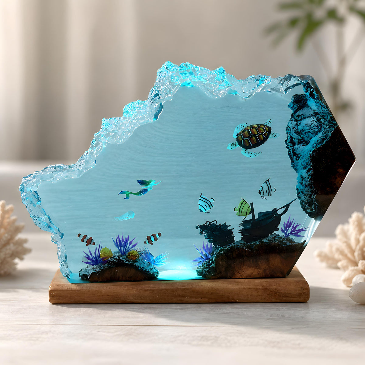 Mermaid Resin Night Light, Sea Turtle Ocean Lamp, Tropical Fish Epoxy Desk Decor