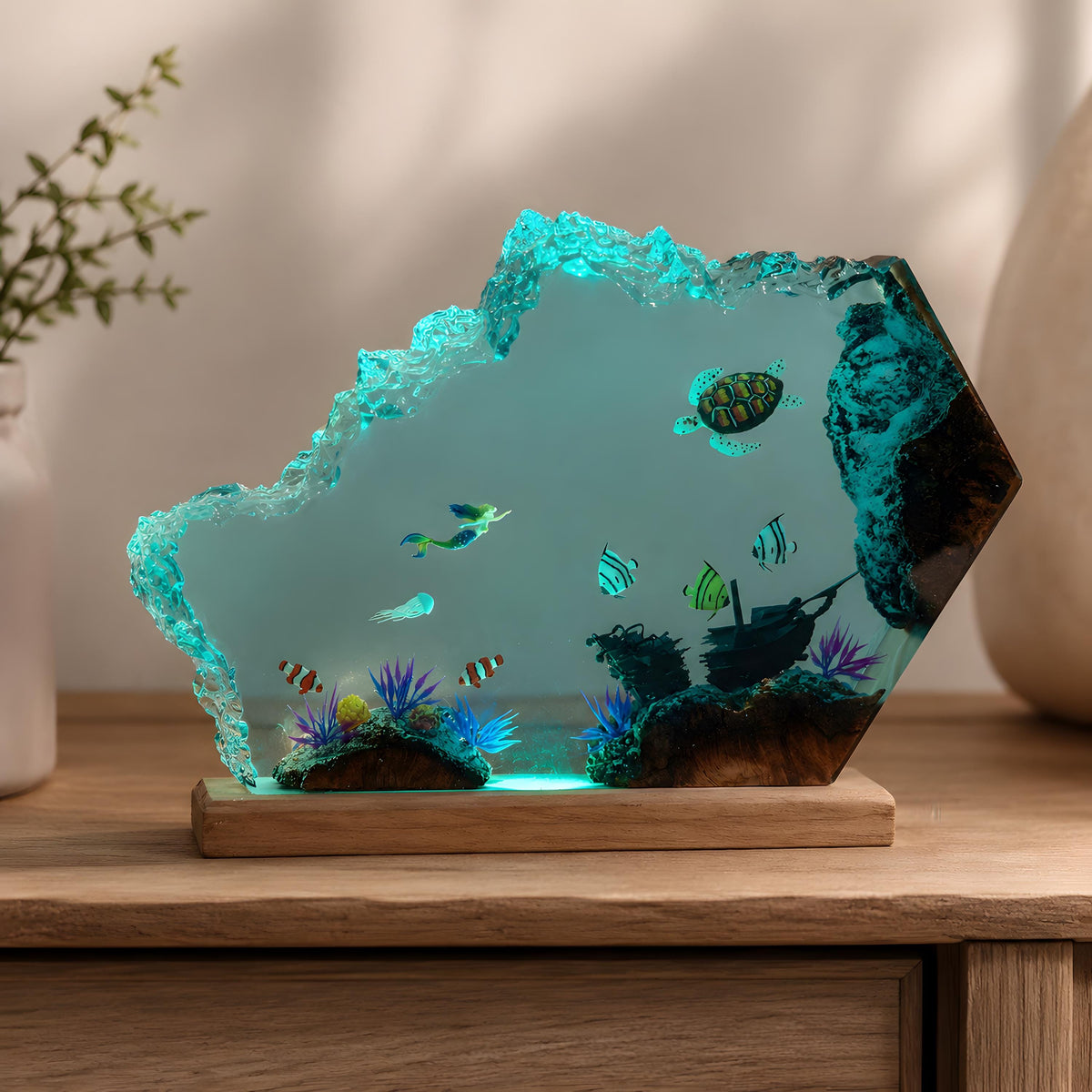 Mermaid Resin Night Light, Sea Turtle Ocean Lamp, Tropical Fish Epoxy Desk Decor