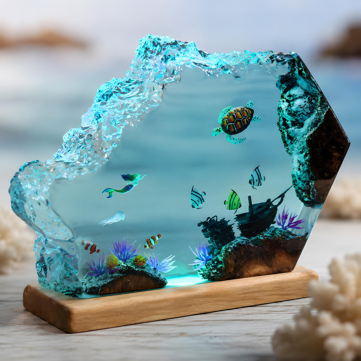 Mermaid Resin Night Light, Sea Turtle Ocean Lamp, Tropical Fish Epoxy Desk Decor