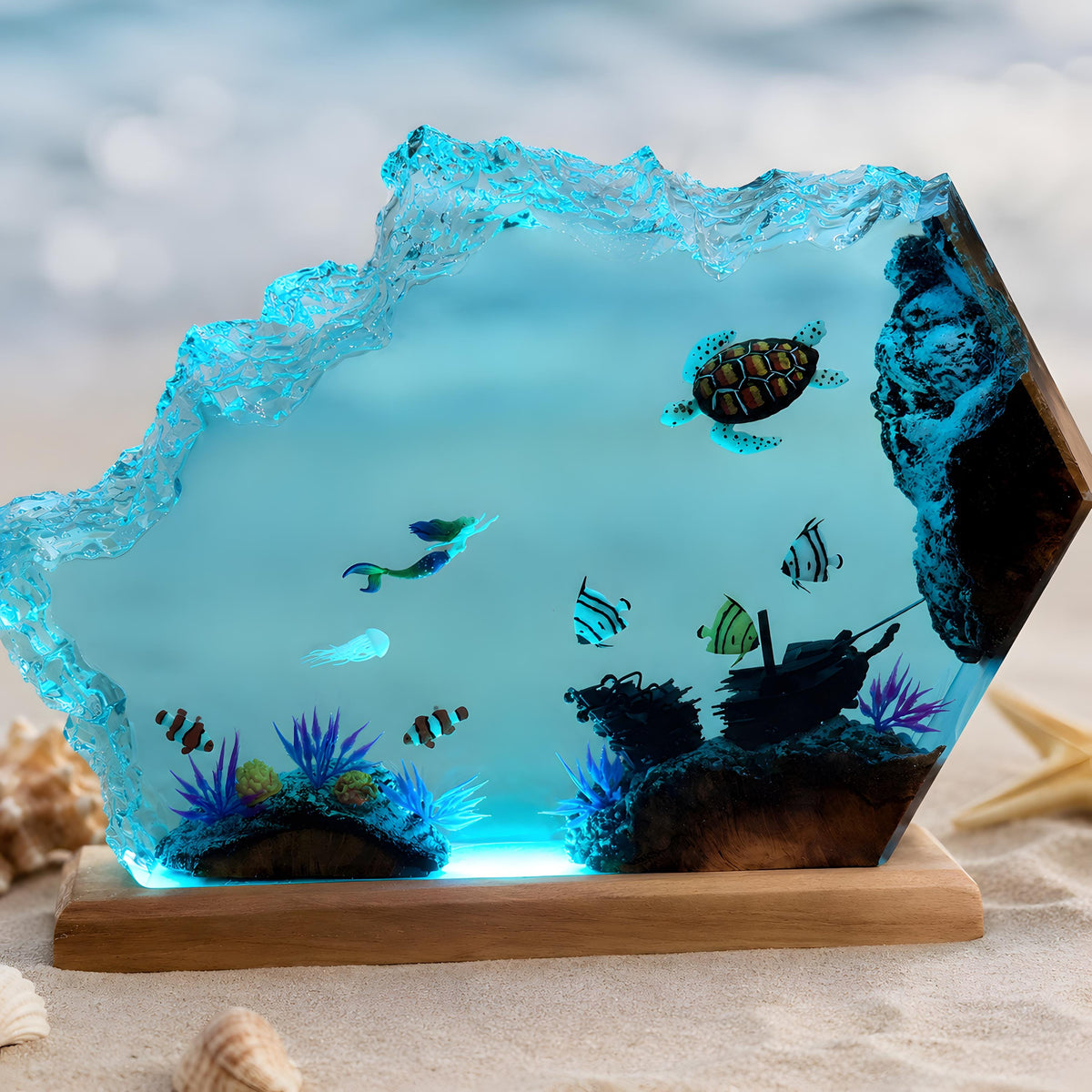 Mermaid Resin Night Light, Sea Turtle Ocean Lamp, Tropical Fish Epoxy Desk Decor