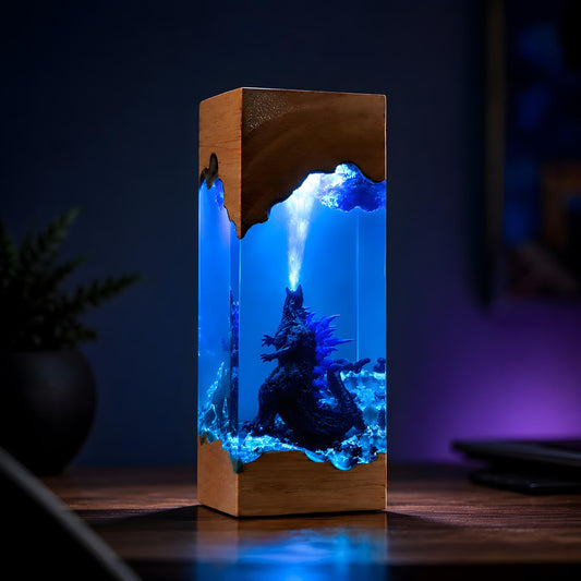 Godzilla Resin Night Light – Handmade Wooden Resin Movie Monster LED Decor
