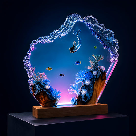 Ocean Mermaid Resin Lamp, Underwater LED Night Light, Coral Reef Coastal Decor