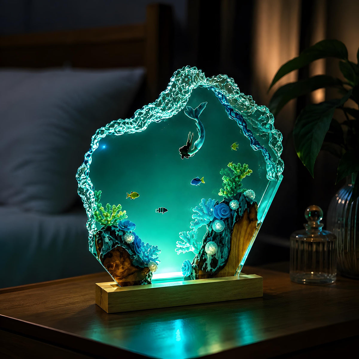 Ocean Mermaid Resin Lamp, Underwater LED Night Light, Coral Reef Coastal Decor