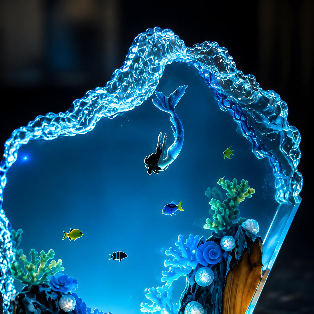 Ocean Mermaid Resin Lamp, Underwater LED Night Light, Coral Reef Coastal Decor