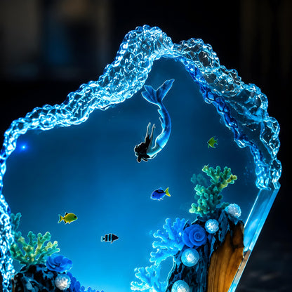 Ocean Mermaid Resin Lamp, Underwater LED Night Light, Coral Reef Coastal Decor