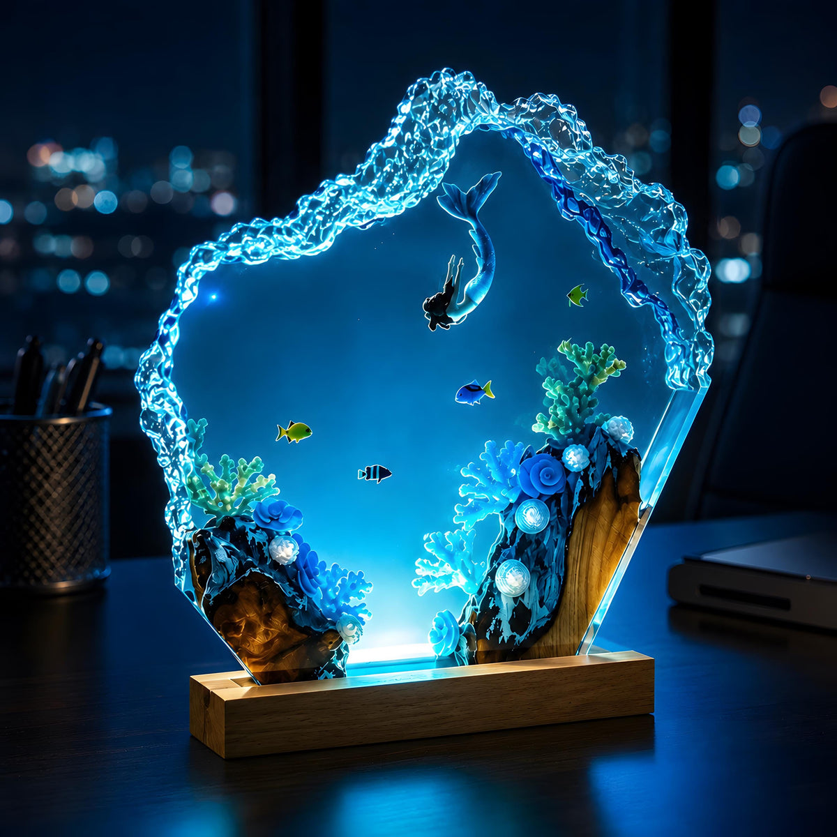 Ocean Mermaid Resin Lamp, Underwater LED Night Light, Coral Reef Coastal Decor