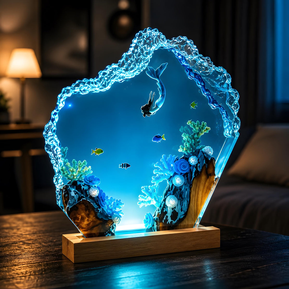 Ocean Mermaid Resin Lamp, Underwater LED Night Light, Coral Reef Coastal Decor