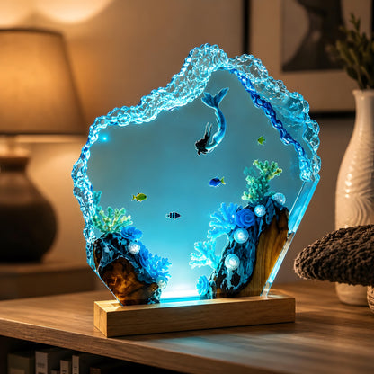 Ocean Mermaid Resin Lamp, Underwater LED Night Light, Coral Reef Coastal Decor