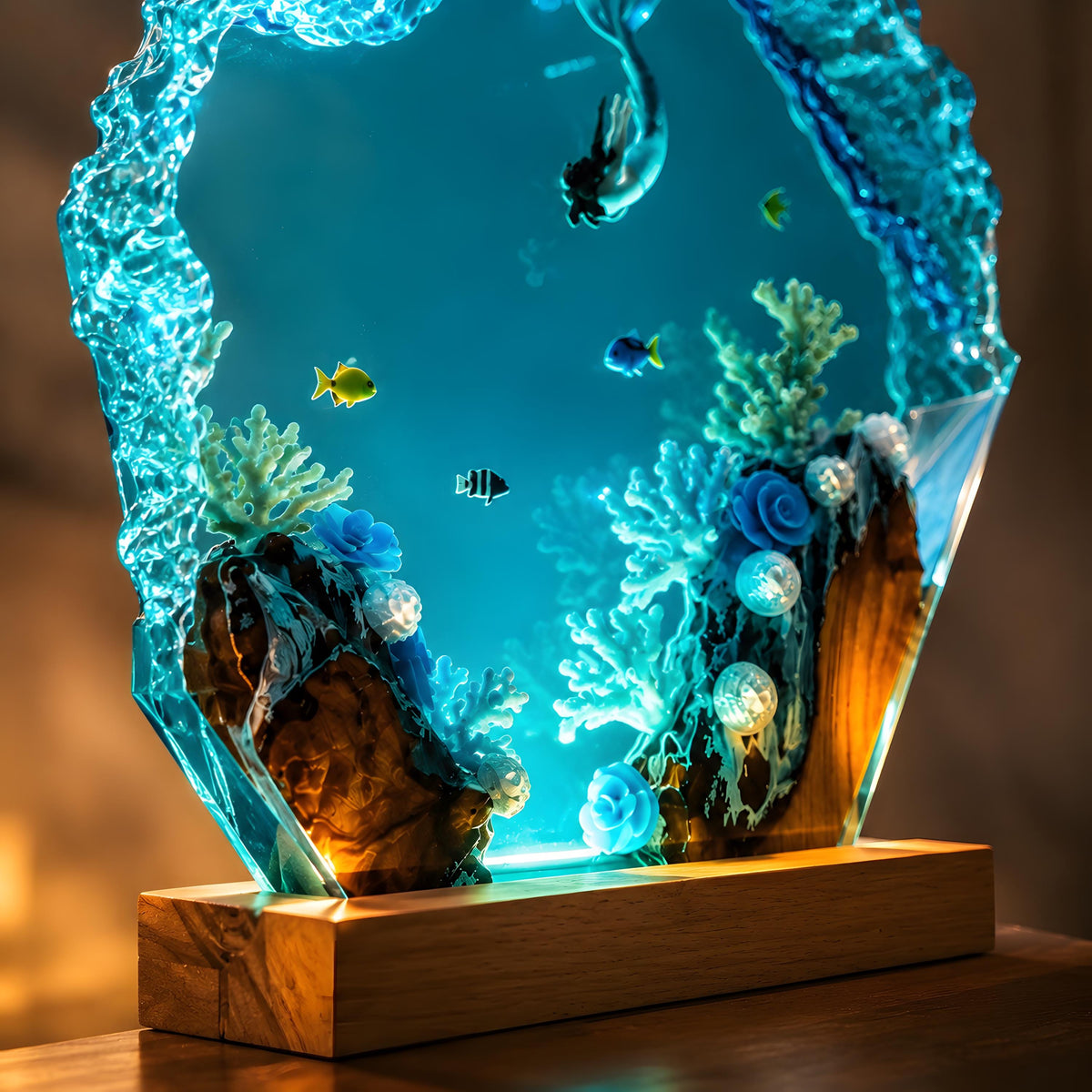 Ocean Mermaid Resin Lamp, Underwater LED Night Light, Coral Reef Coastal Decor