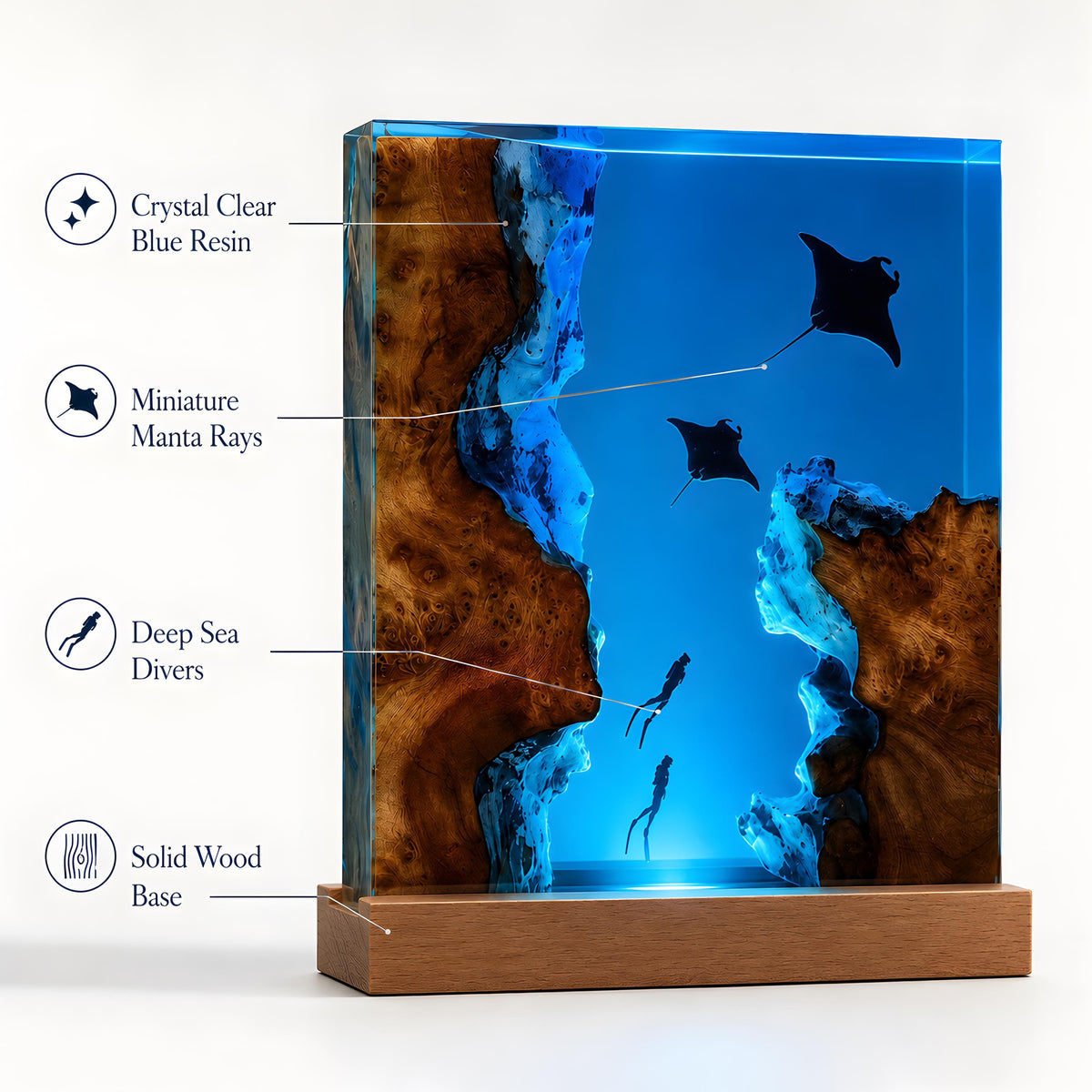 Manta Ray Resin Lamp, Ocean LED Night Light, Diver Epoxy Lamp, Coastal Room Decor