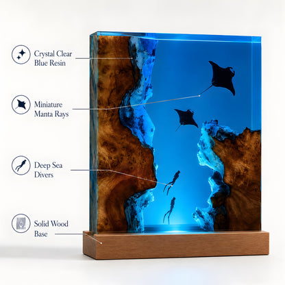 Manta Ray Resin Lamp, Ocean LED Night Light, Diver Epoxy Lamp, Coastal Room Decor
