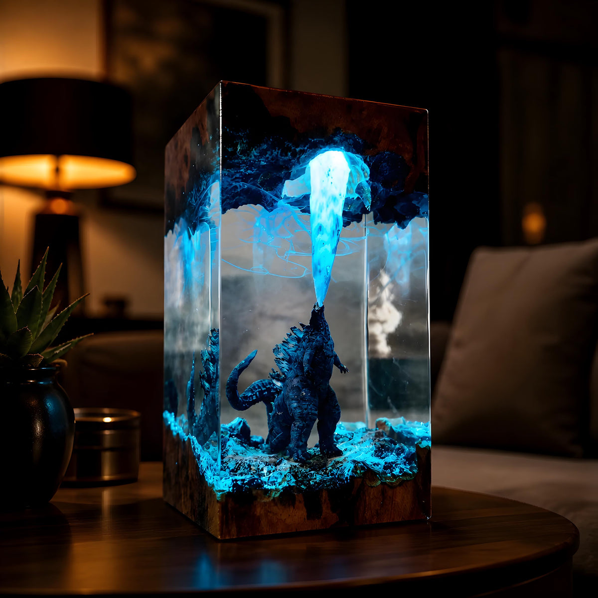 3D Godzilla Resin Lamp– Handmade Wooden Resin Movie Monster LED Home Decor