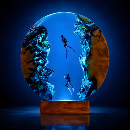 Couple Diver Resin Lamp, Ocean LED Night Light, Underwater Epoxy Lamp, Coastal Decor