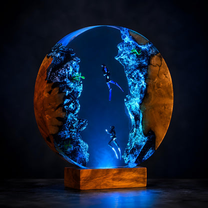 Couple Diver Resin Lamp, Ocean LED Night Light, Underwater Epoxy Lamp, Coastal Decor