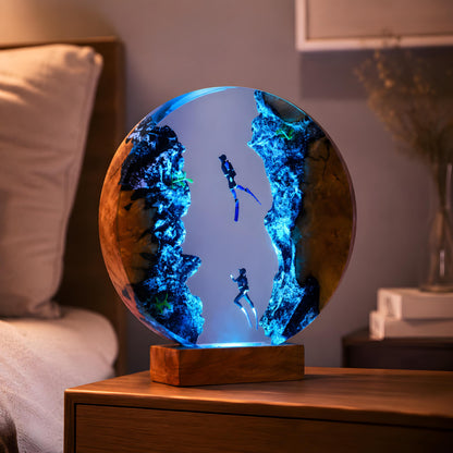 Couple Diver Resin Lamp, Ocean LED Night Light, Underwater Epoxy Lamp, Coastal Decor