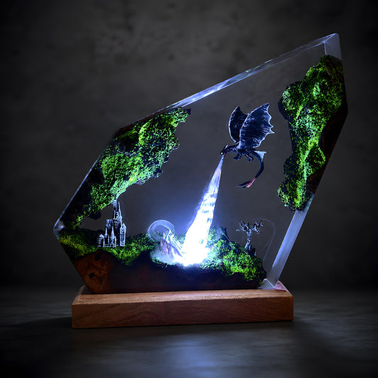 Dragon Resin Lamp, Fantasy LED Night Light, Epoxy Wood Desk Decor