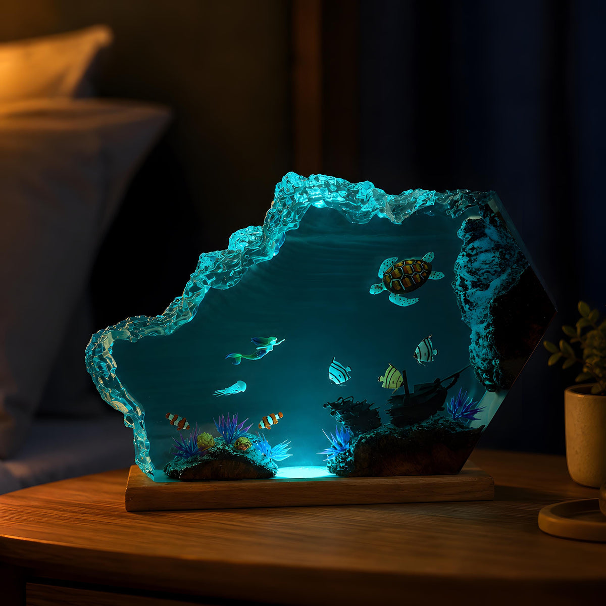 Mermaid Resin Night Light, Sea Turtle Ocean Lamp, Tropical Fish Epoxy Desk Decor
