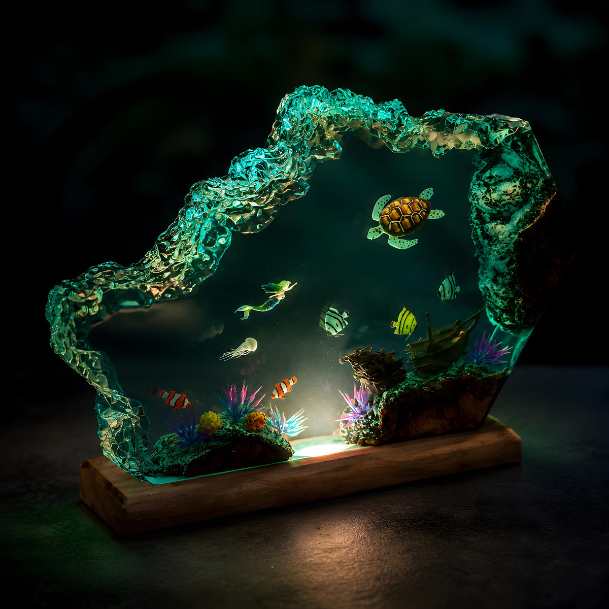 Mermaid Resin Night Light, Sea Turtle Ocean Lamp, Tropical Fish Epoxy Desk Decor