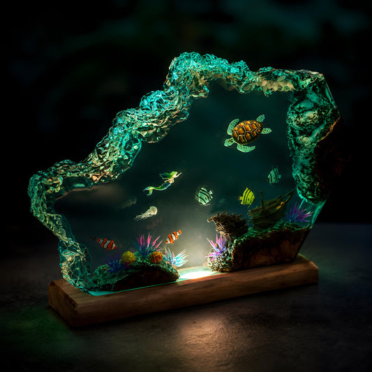 Mermaid Resin Night Light, Sea Turtle Ocean Lamp, Tropical Fish Epoxy Desk Decor