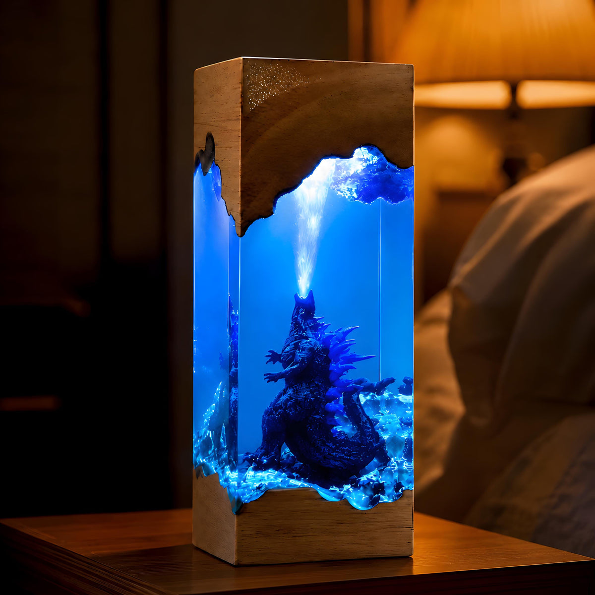 Godzilla Resin Night Light – Handmade Wooden Resin Movie Monster LED Decor