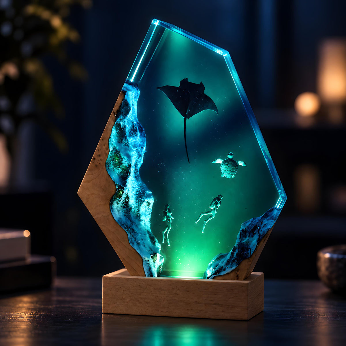 Ocean Resin Lamp, Manta Ray Night Light, Diver & Sea Turtle Underwater Decor