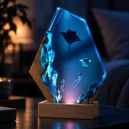 Ocean Resin Lamp, Manta Ray Night Light, Diver & Sea Turtle Underwater Decor