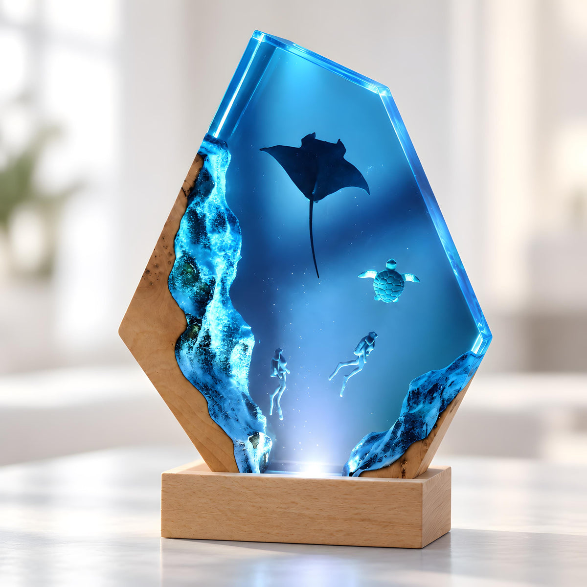 Ocean Resin Lamp, Manta Ray Night Light, Diver & Sea Turtle Underwater Decor