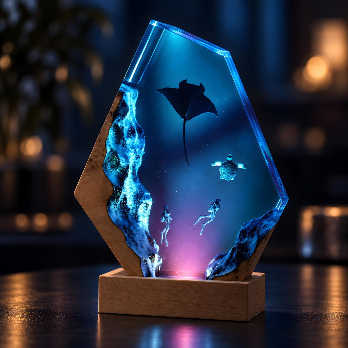 Ocean Resin Lamp, Manta Ray Night Light, Diver & Sea Turtle Underwater Decor