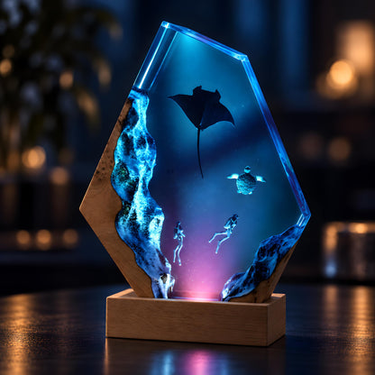 Ocean Resin Lamp, Manta Ray Night Light, Diver & Sea Turtle Underwater Decor