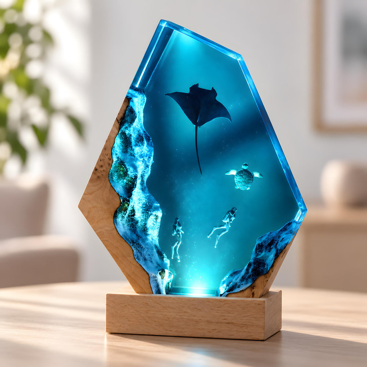 Ocean Resin Lamp, Manta Ray Night Light, Diver & Sea Turtle Underwater Decor