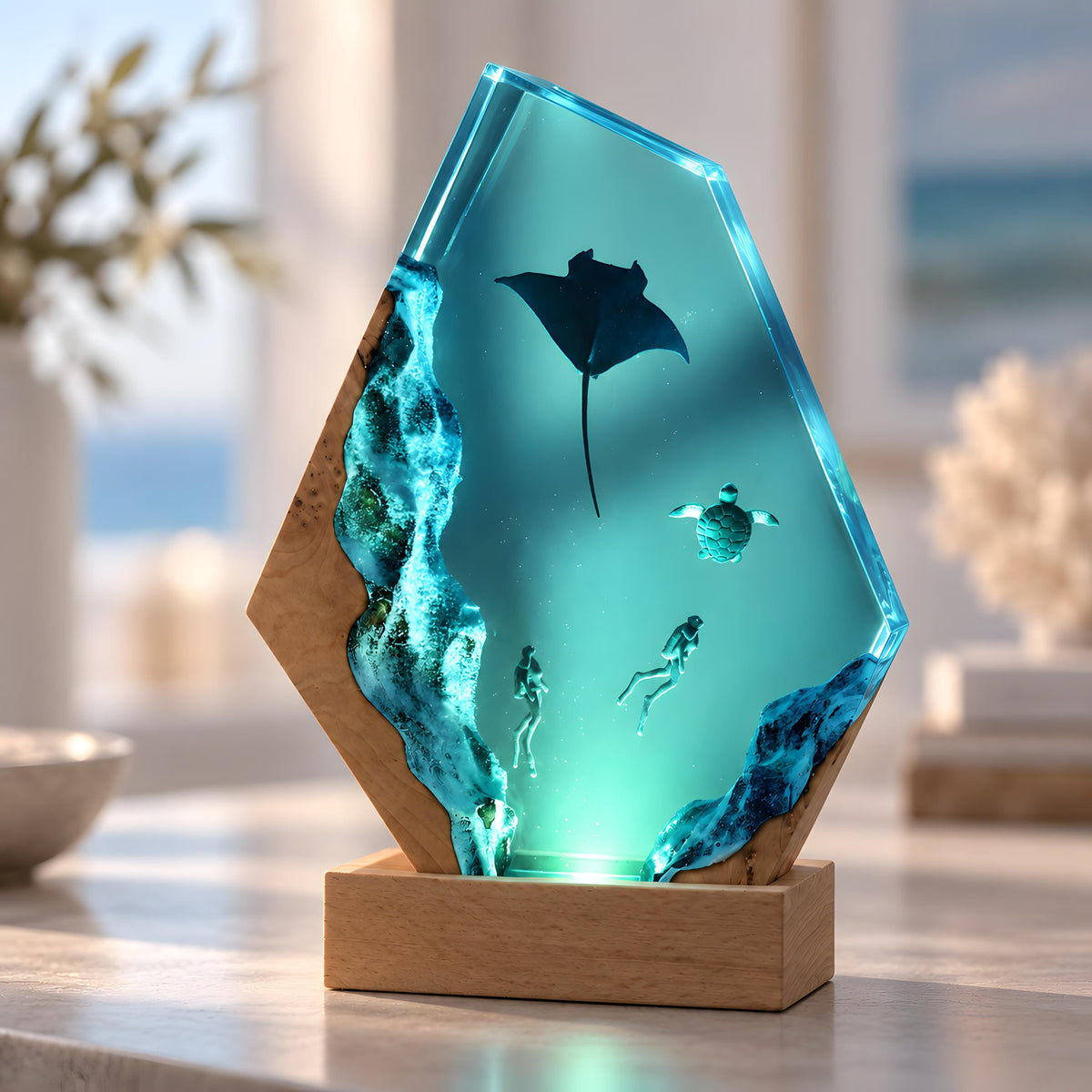 Ocean Resin Lamp, Manta Ray Night Light, Diver & Sea Turtle Underwater Decor