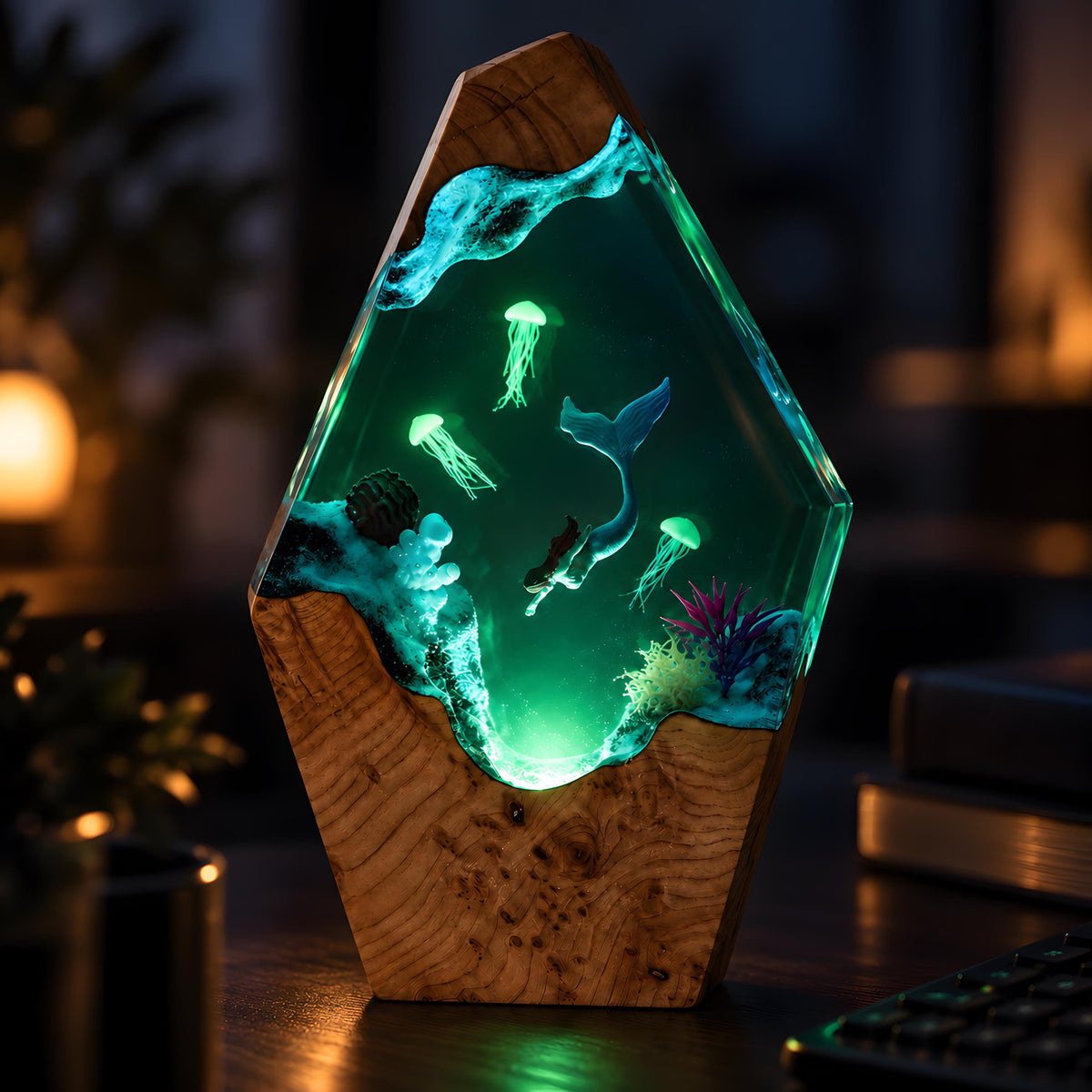 Ocean Resin Lamp, Mermaid LED Night Light, Jellyfish Sea Life Decor, Coastal Gift