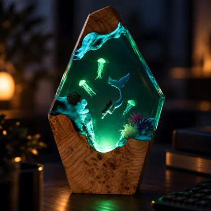 Ocean Resin Lamp, Mermaid LED Night Light, Jellyfish Sea Life Decor, Coastal Gift