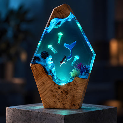 Ocean Resin Lamp, Mermaid LED Night Light, Jellyfish Sea Life Decor, Coastal Gift