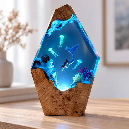 Ocean Resin Lamp, Mermaid LED Night Light, Jellyfish Sea Life Decor, Coastal Gift