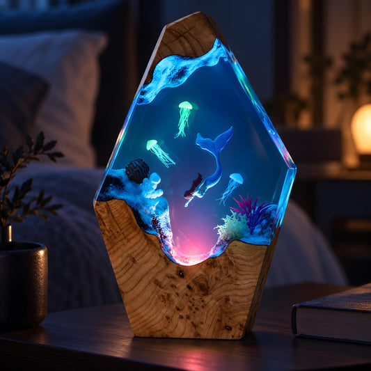 Ocean Resin Lamp, Mermaid LED Night Light, Jellyfish Sea Life Decor, Coastal Gift