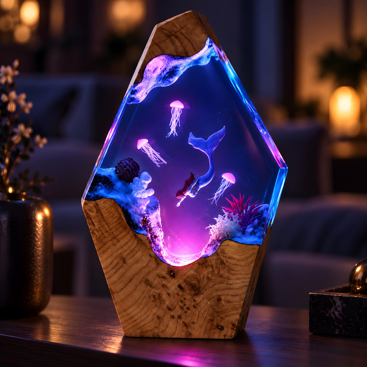 Ocean Resin Lamp, Mermaid LED Night Light, Jellyfish Sea Life Decor, Coastal Gift
