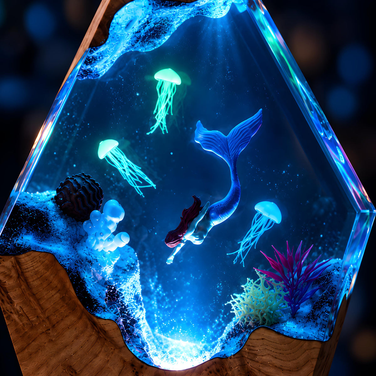 Ocean Resin Lamp, Mermaid LED Night Light, Jellyfish Sea Life Decor, Coastal Gift