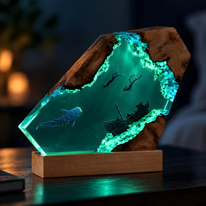 Underwater Resin Lamp, Scuba Diver Shipwreck Night Light, Sea Life Desk Decor