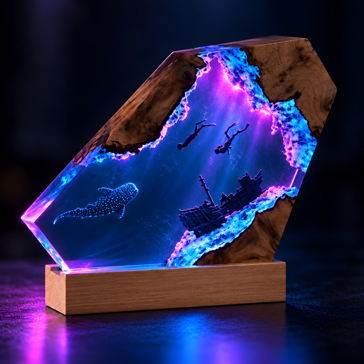 Underwater Resin Lamp, Scuba Diver Shipwreck Night Light, Sea Life Desk Decor