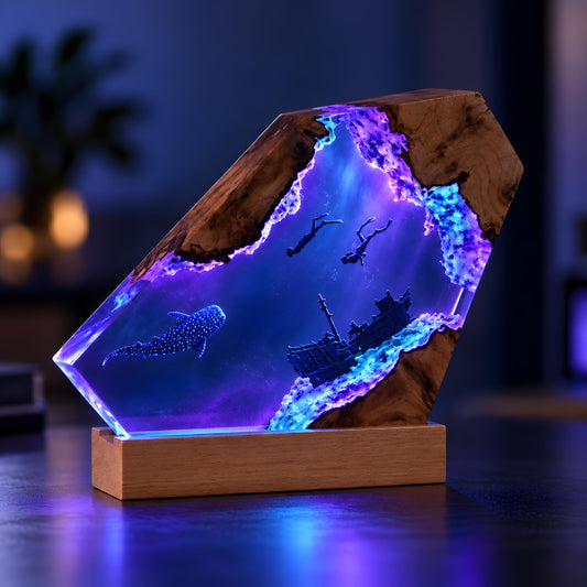 Underwater Resin Lamp, Scuba Diver Shipwreck Night Light, Sea Life Desk Decor